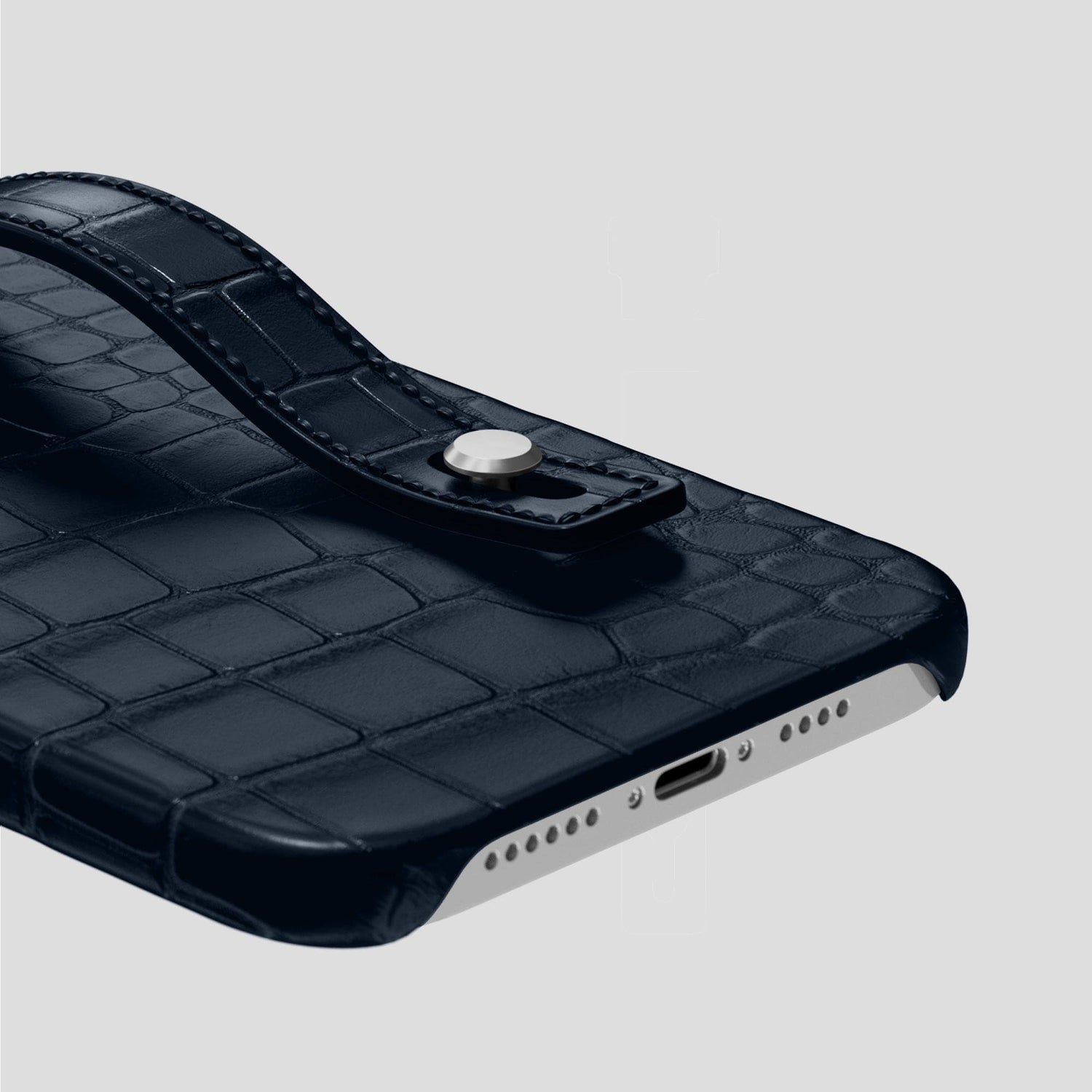 Navy Blue iPhone 14 Pro Max Hand Strap Case Alligator with Steel Metal -5 | Navy-Blue-Steel