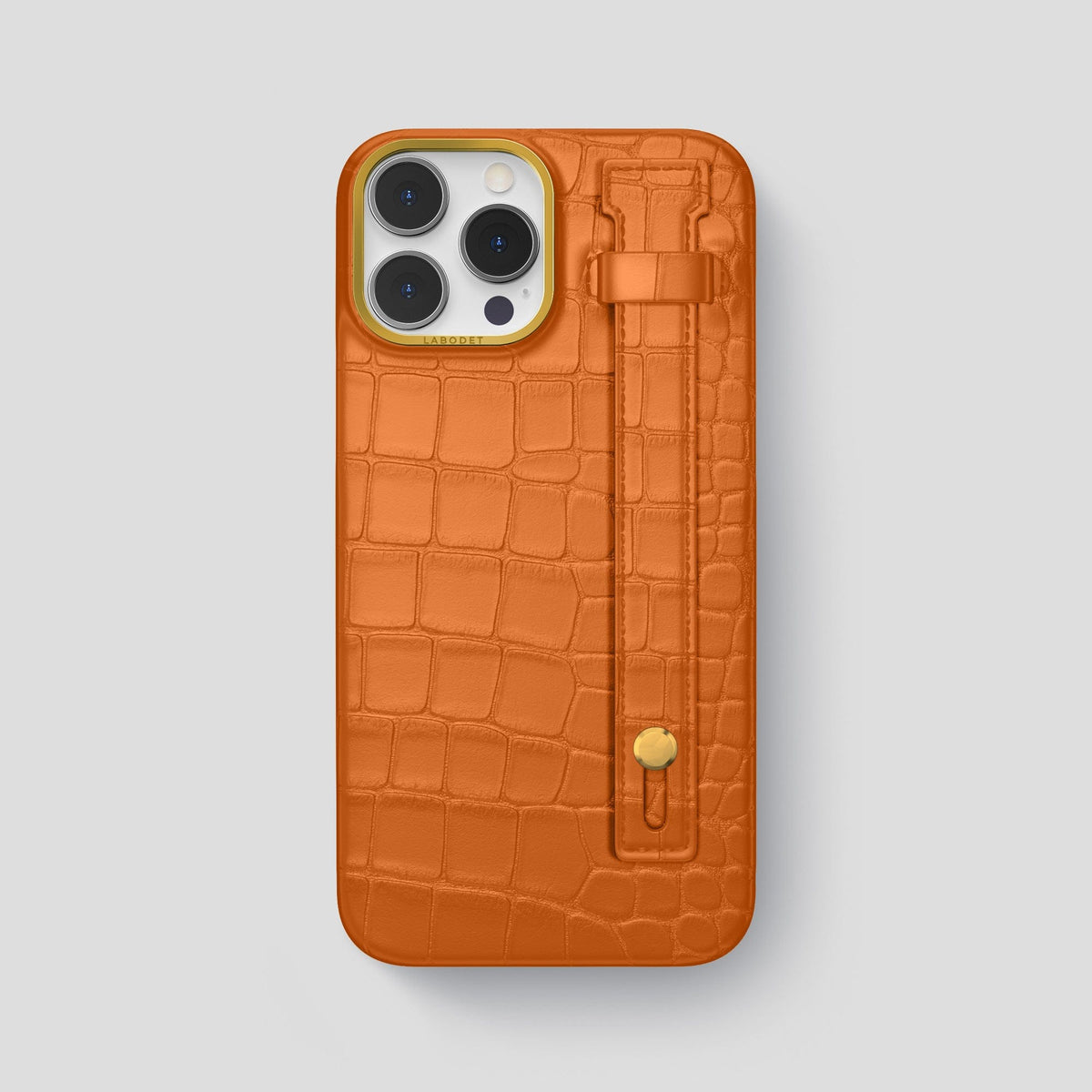 Orange iPhone 14 Pro Max Hand Strap Case Alligator with Gold Metal -1 | Orange-Gold