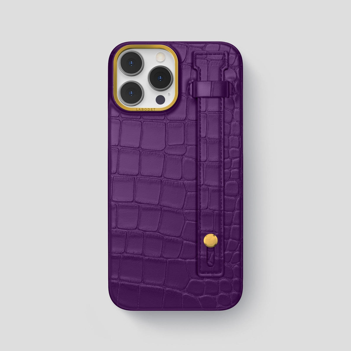 Purple iPhone 14 Pro Max Hand Strap Case Alligator with Gold Metal -1 | Purple-Gold
