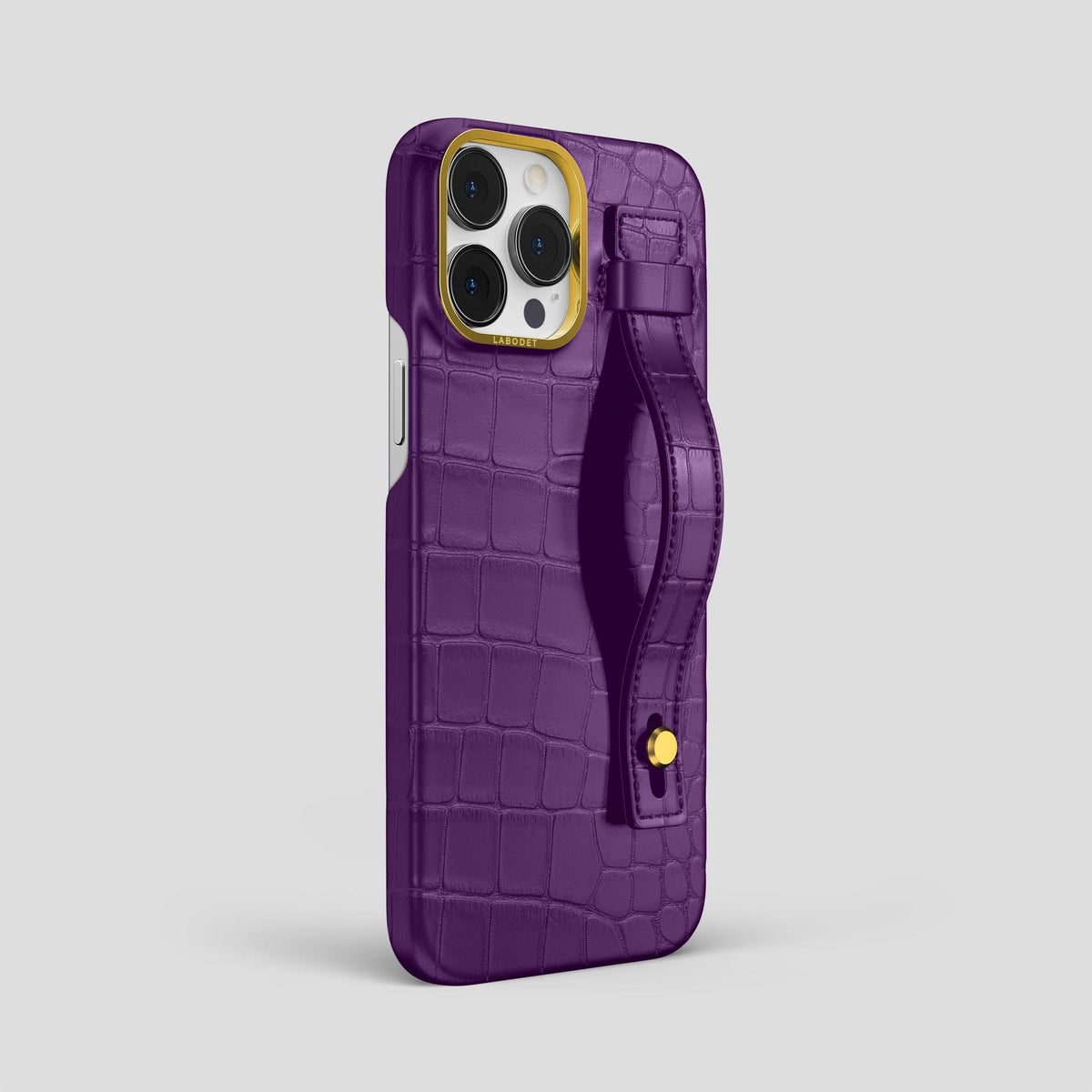 Purple iPhone 14 Pro Max Hand Strap Case Alligator with Gold Metal -2 | Purple-Gold