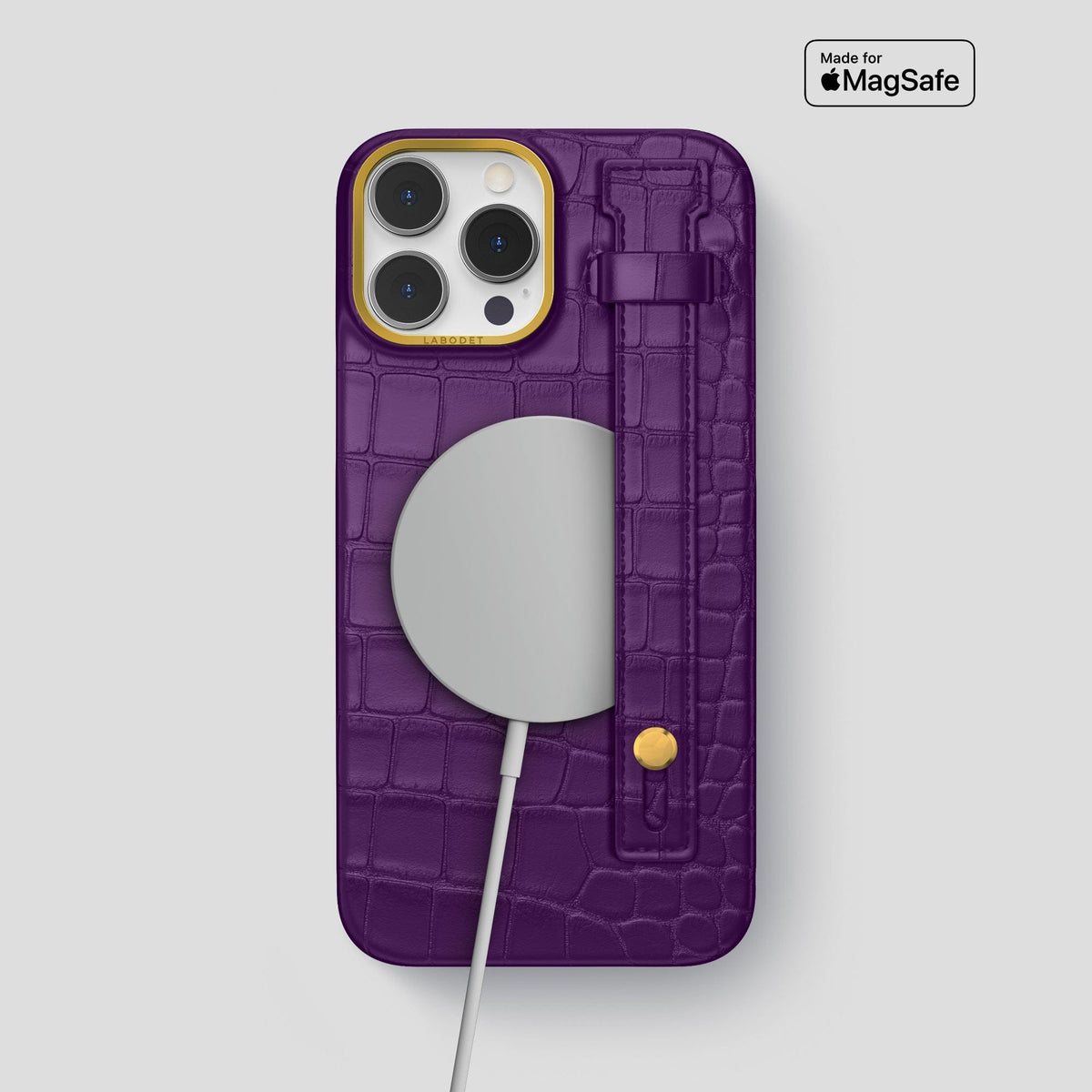 Purple iPhone 14 Pro Max Hand Strap Case Alligator with Gold Metal -4 | Purple-Gold