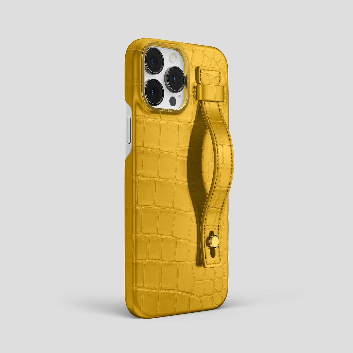 Yellow iPhone 14 Pro Max Hand Strap Case Alligator with Gold Metal -2 | Yellow-Gold