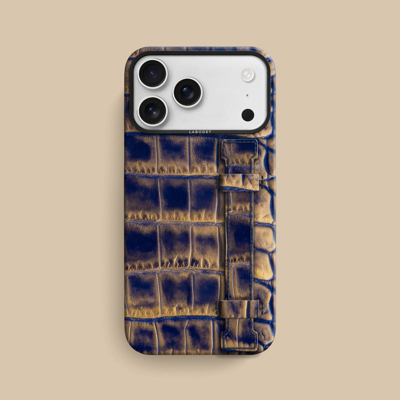 Golden-Blue iPhone 17 Pro Max Handle Case 1/1 Alligator with Black Metal -1 | Golden-Blue-Black