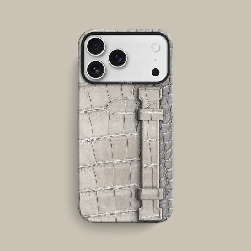 Glossy-Tan iPhone 17 Pro Max Handle Case 1/1 Alligator with Black Metal -1 | Glossy-Tan-Black