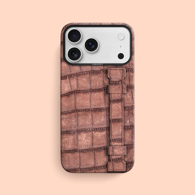 Nubuck-Cacao iPhone 17 Pro Max Handle Case 1/1 Alligator with Black Metal -1 | Nubuck-Cacao-Black