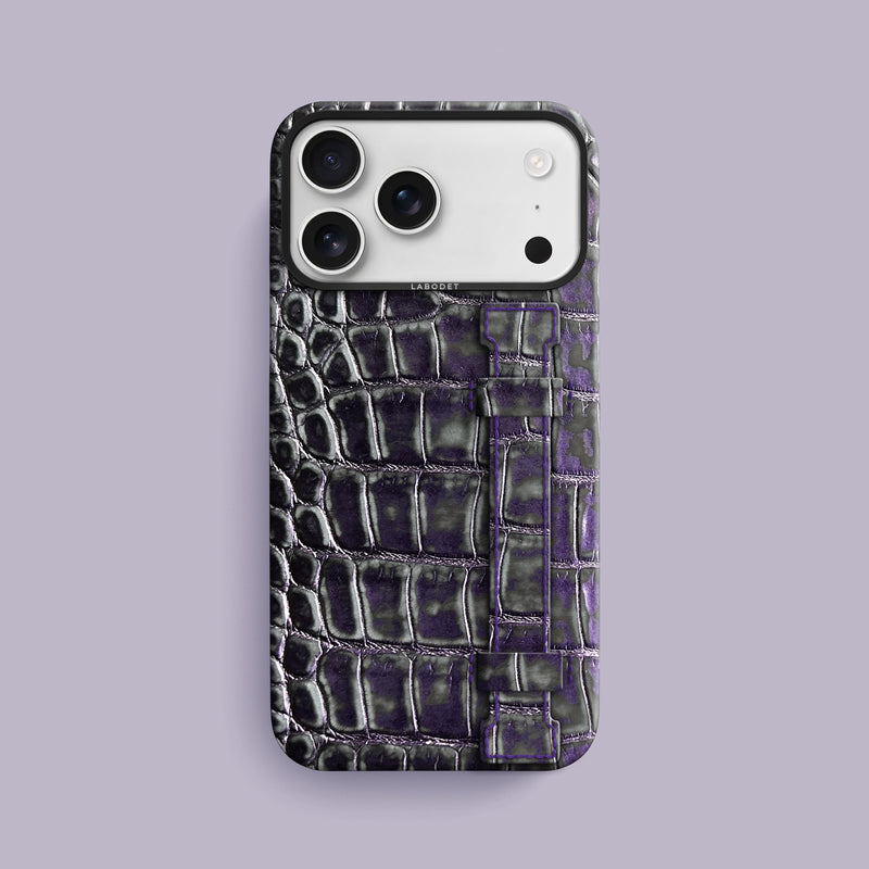 Grey-Petroleum iPhone 17 Pro Max Handle Case 1/1 Alligator with Black Metal -1 | Grey-Petroleum-Black