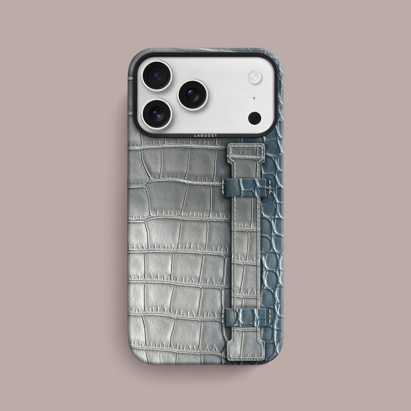 Glossy-Ice-Blue iPhone 17 Pro Max Handle Case 1/1 Alligator with Black Metal -1 | Glossy-Ice-Blue-Black