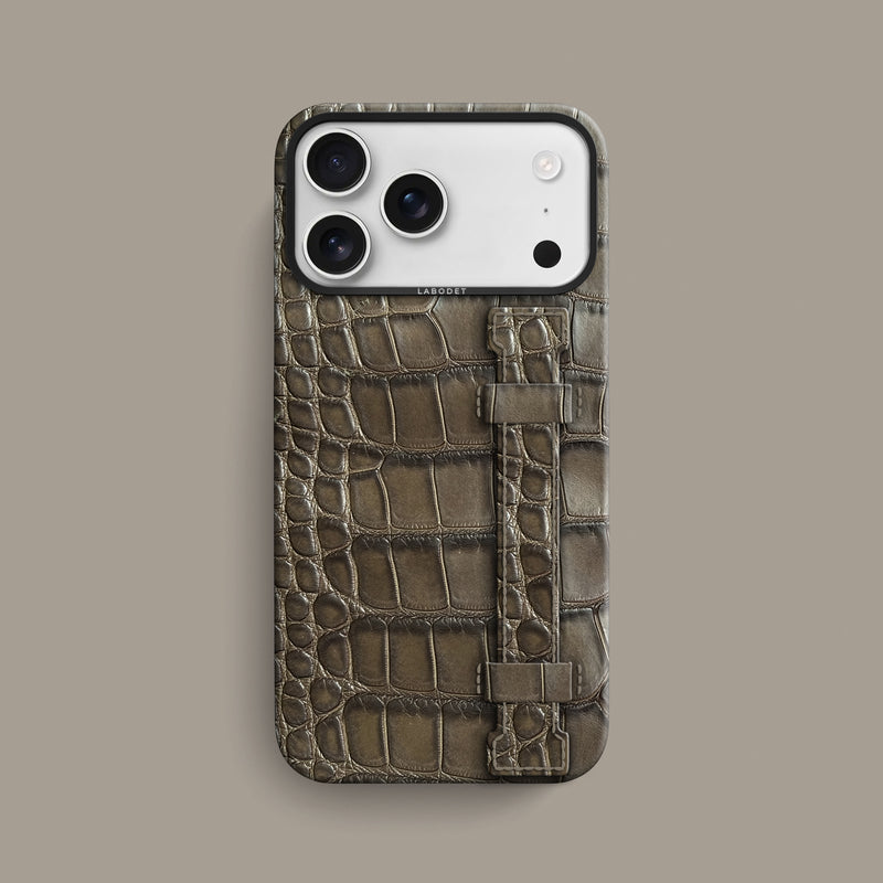 Kaki-Brown iPhone 17 Pro Max Handle Case 1/1 Alligator with Black Metal -1 | Kaki-Brown-Black