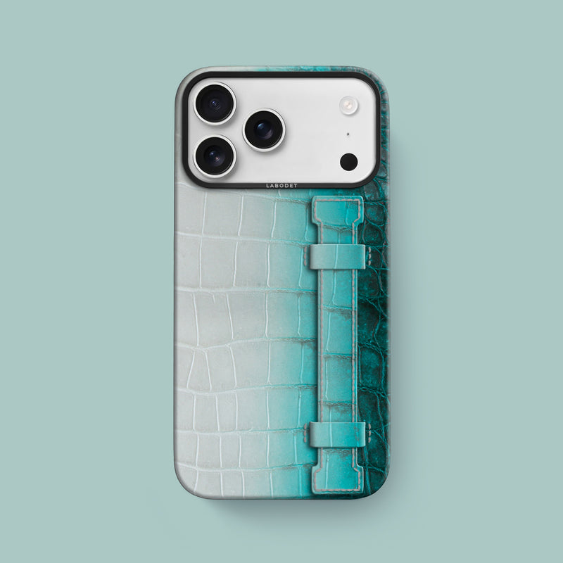 iPhone 17 Pro Max Strap Case 1/1 Turquoise Himalayan Crocodile with Black Metal -1 | Turquoise-Black