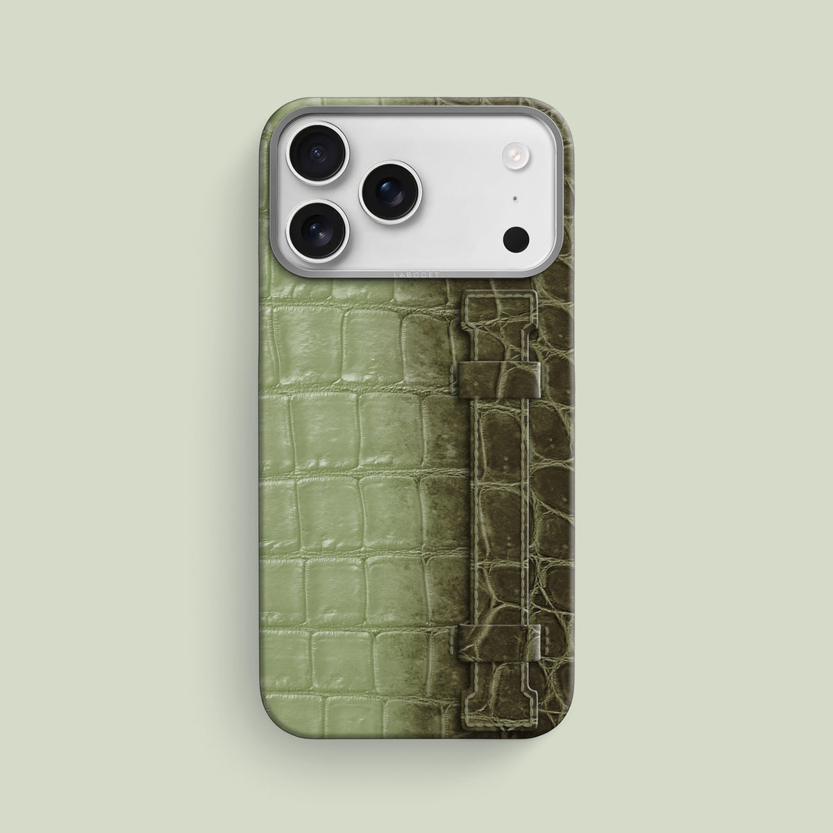 Celadon Green iPhone 17 Pro Max Handle Case Himalayan Crocodile with Steel Metal -1 | Celadon-Green-Steel
