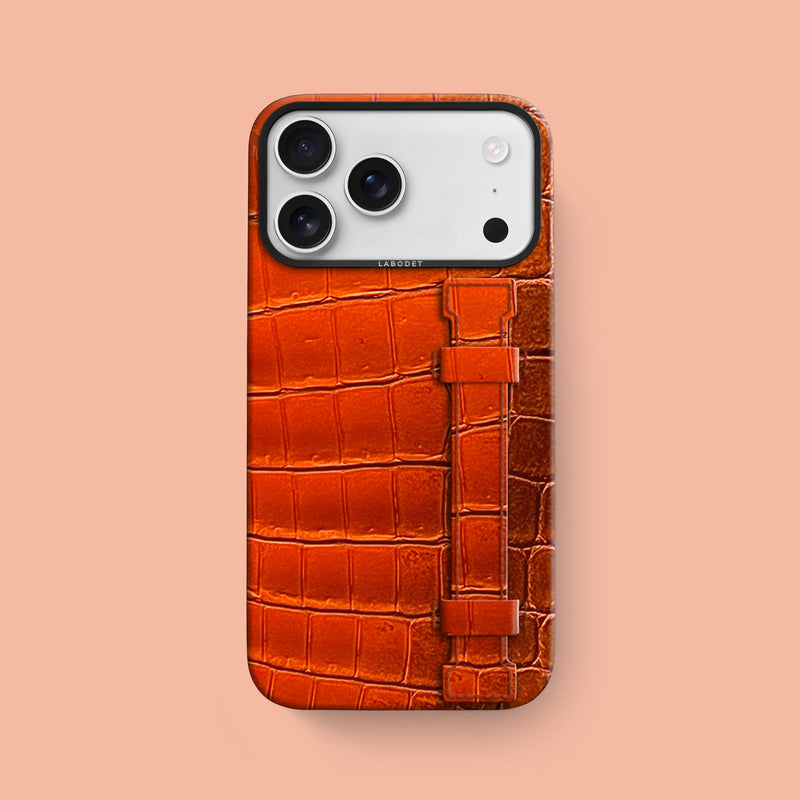iPhone 17 Pro Max Strap Case 1/1 Mandarin Himalayan Crocodile with Black Metal -1 | Mandarin-Black