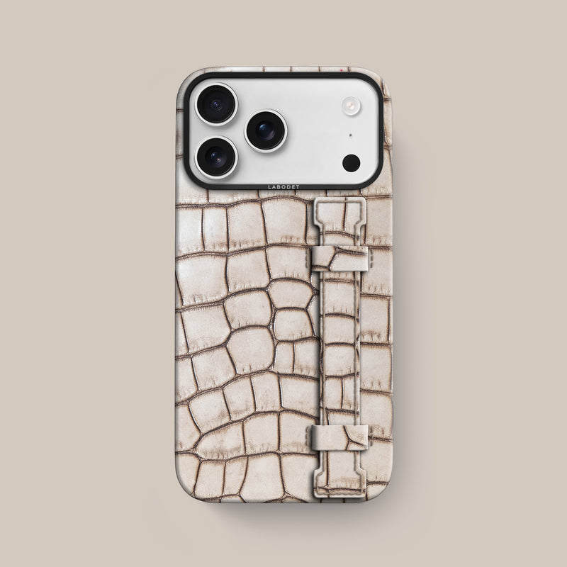 iPhone 17 Pro Max Handle Case 1/1 Cafe-Creme Alligator with Black Metal -1 | Cafe-Creme-Black