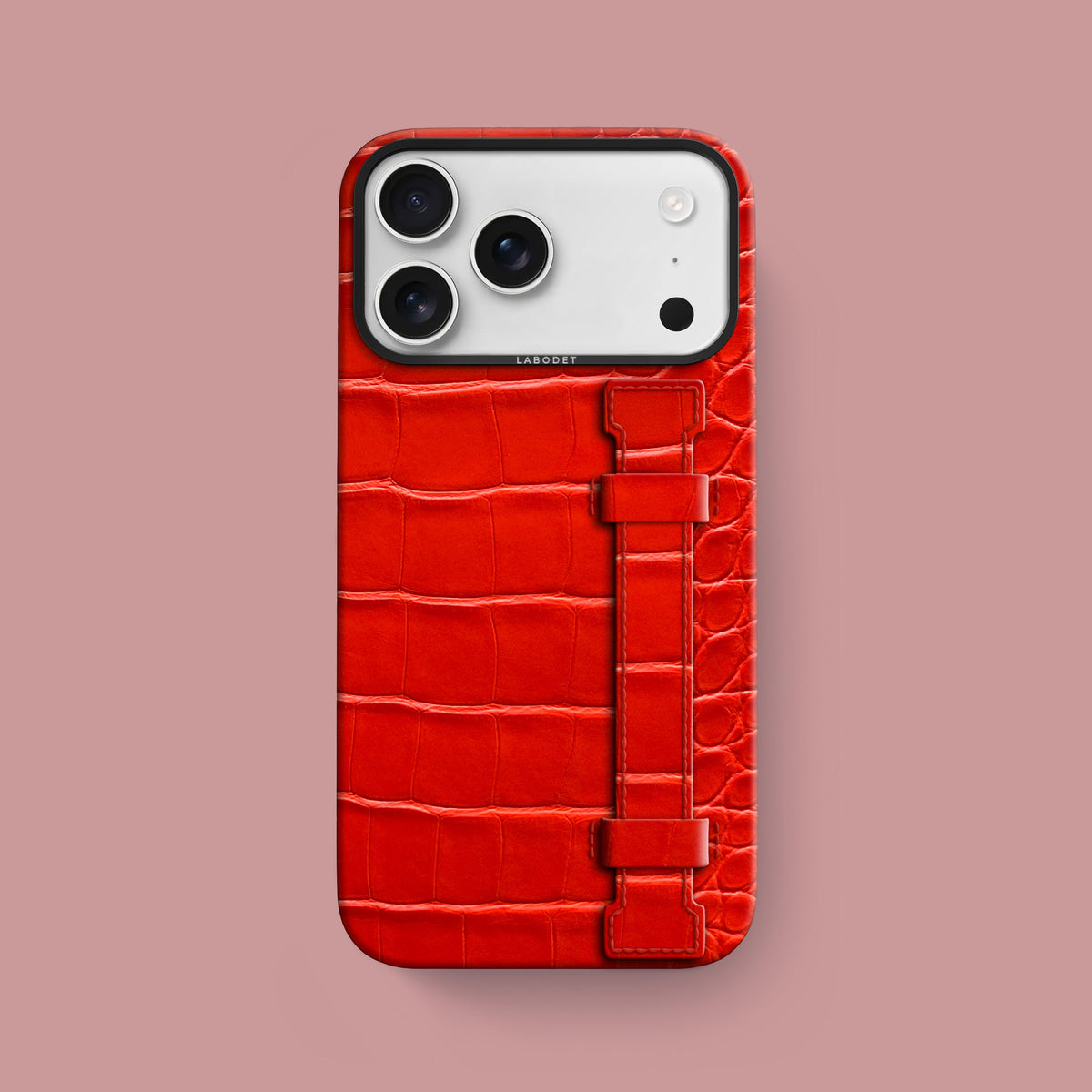 iPhone 17 Pro Max Handle Case Deep Coral Alligator with Black Metal -1 | Deep-Coral-Black