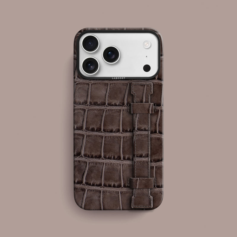 Iced-Chocolate iPhone 17 Pro Max Handle Case 1/1 Alligator with Black Metal -1 | Iced-Chocolate-Black