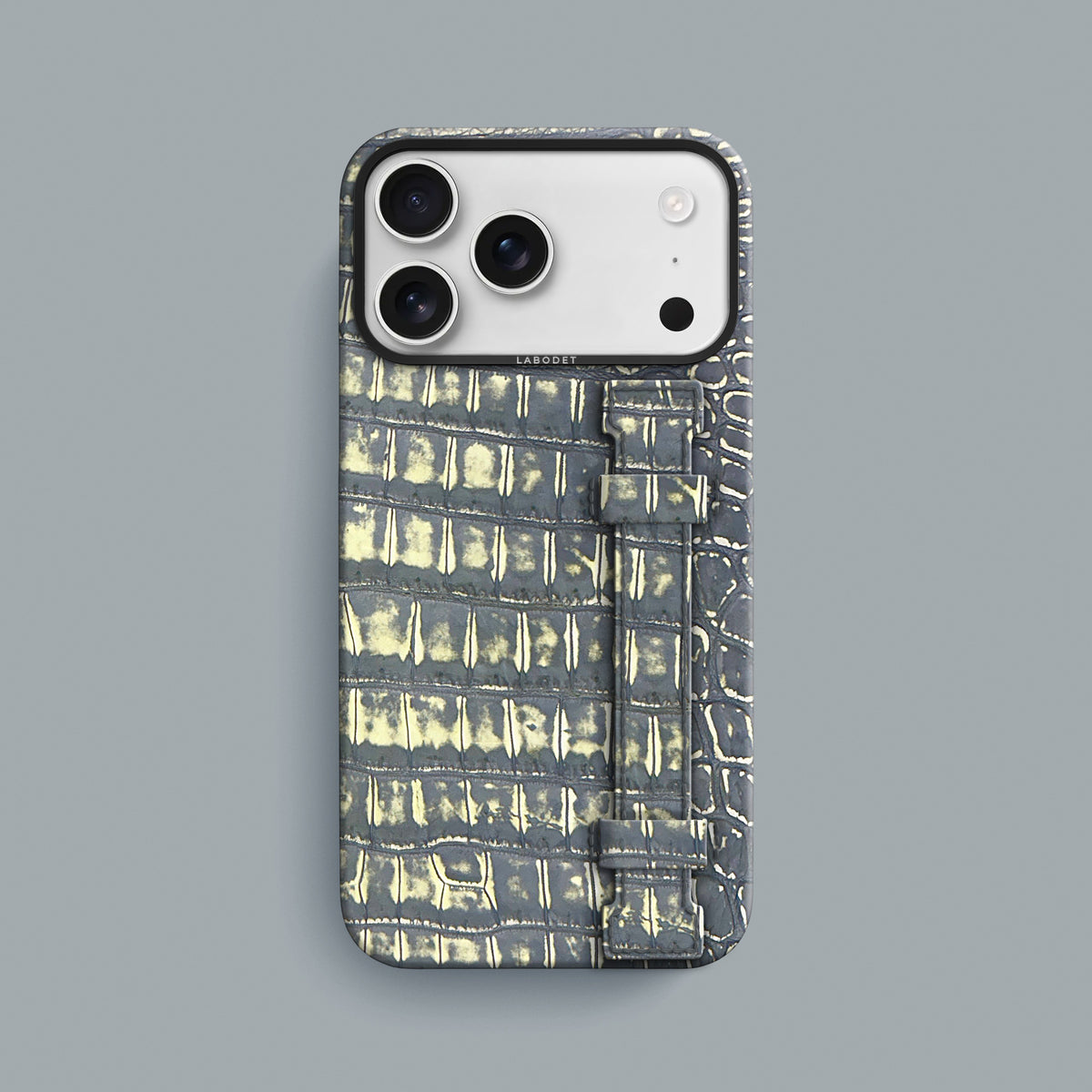 Slate-Ivory iPhone 18 Pro Max Handle Case 1/1 Alligator with Black Metal -1 | Slate-Ivory-Black
