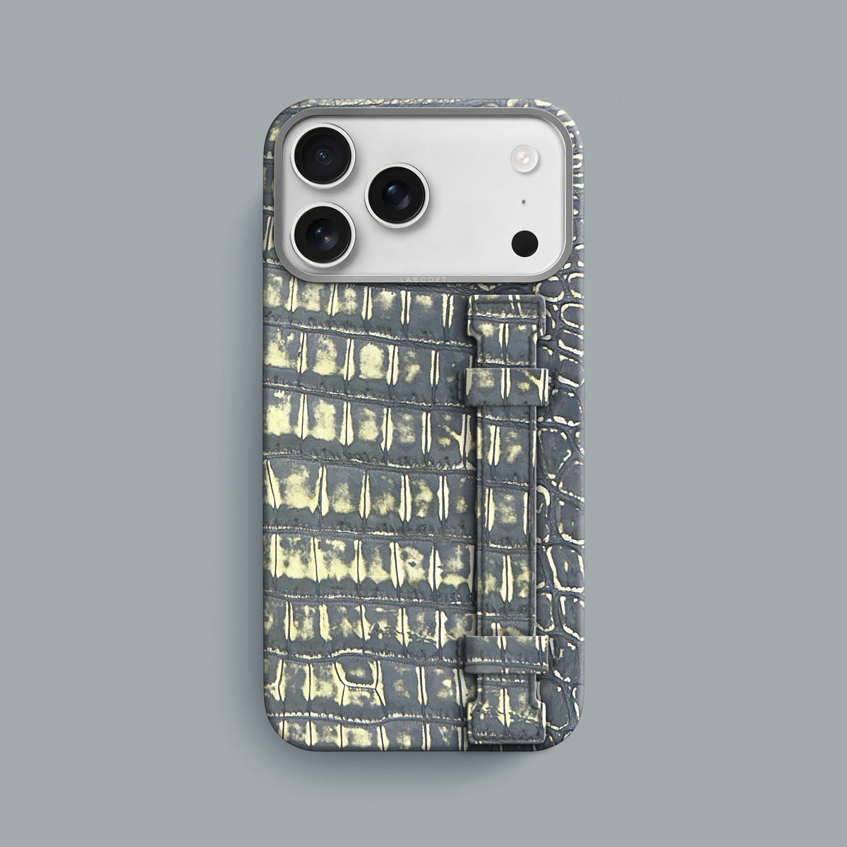 Slate-Ivory iPhone 18 Pro Max Handle Case 1/1 Alligator with Steel Metal -1 | Slate-Ivory-Steel
