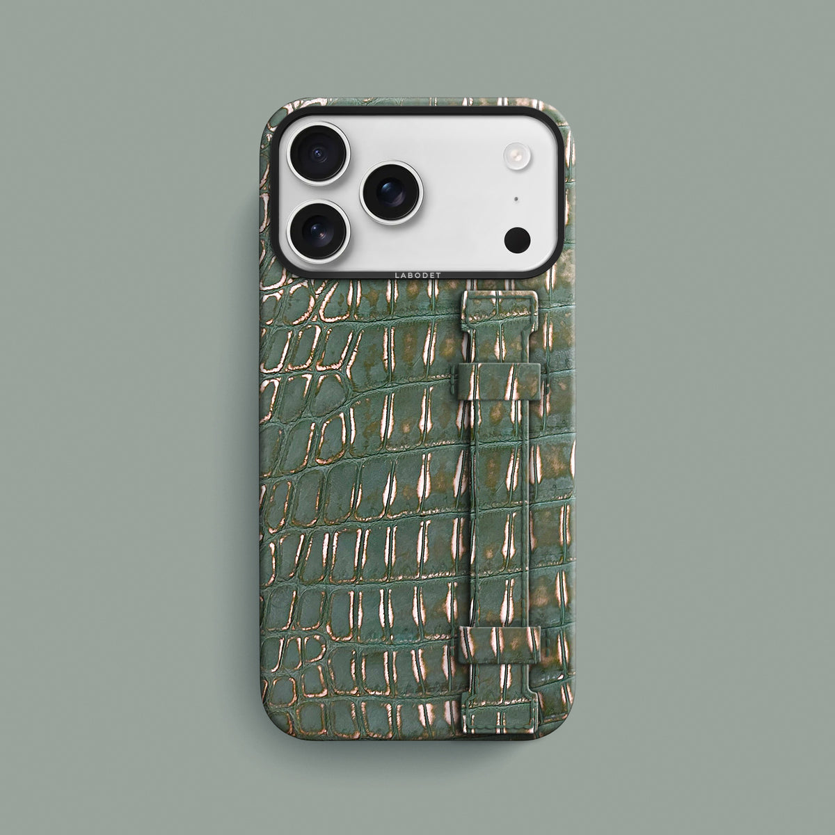 Sage-Patina iPhone 18 Pro Max Handle Case 1/1 Alligator with Black Metal -1 | Sage-Patina-Black