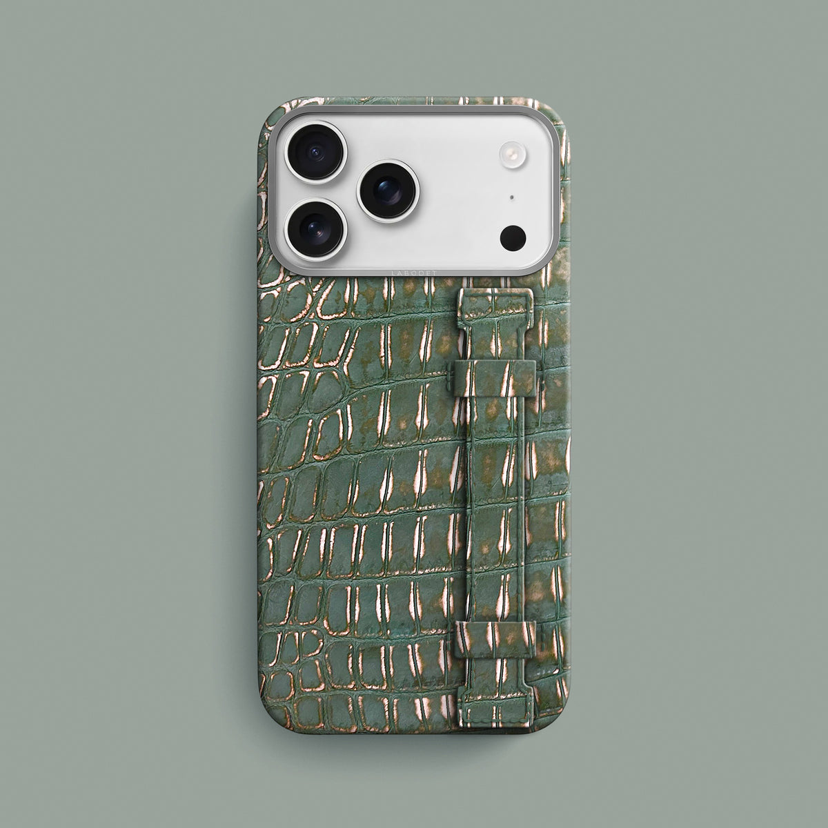 Sage-Patina iPhone 18 Pro Max Handle Case 1/1 Alligator with Steel Metal -1 | Sage-Patina-Steel