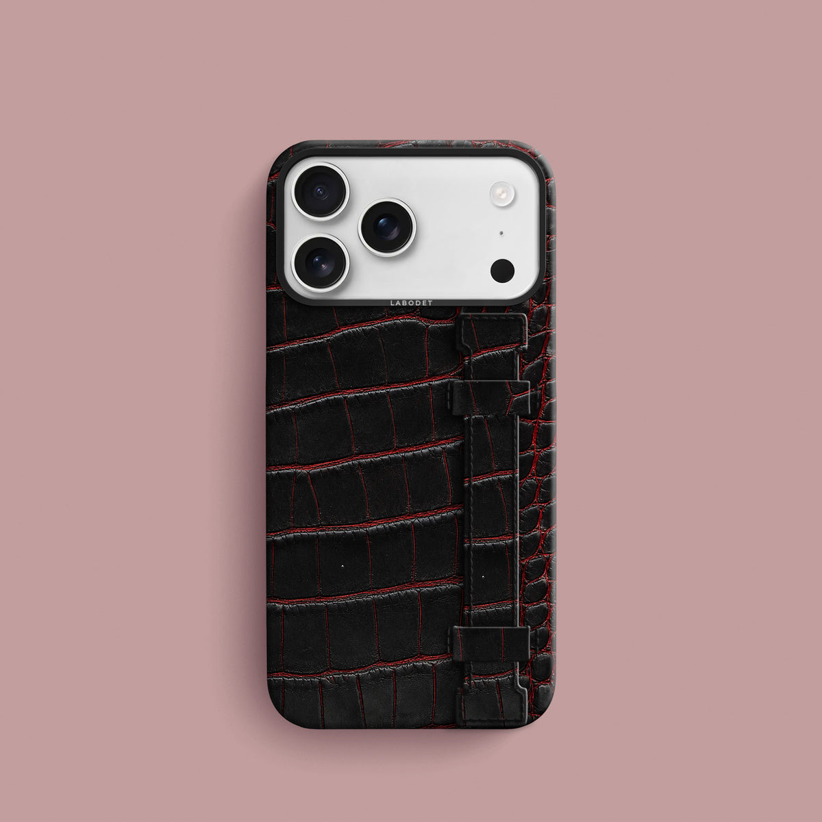 Black-Crimson iPhone 18 Pro Handle Case 1/1 Alligator with Black Metal -1 | Black-Crimson-Black