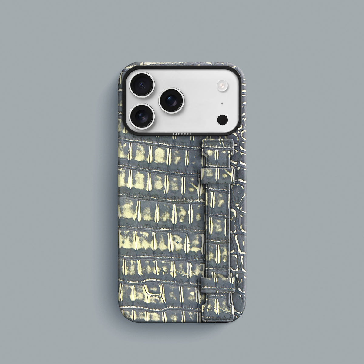 Slate-Ivory iPhone 18 Pro Handle Case 1/1 Alligator with Black Metal -1 | Slate-Ivory-Black