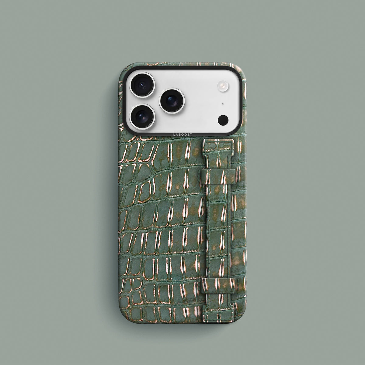 Sage-Patina iPhone 18 Pro Handle Case 1/1 Alligator with Black Metal -1 | Sage-Patina-Black