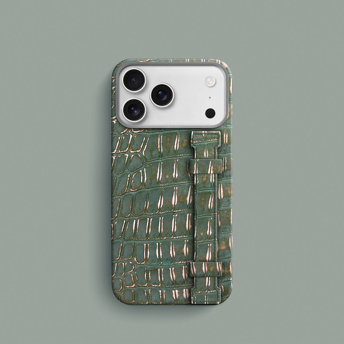 Sage-Patina iPhone 18 Pro Handle Case 1/1 Alligator with Steel Metal -1 | Sage-Patina-Steel