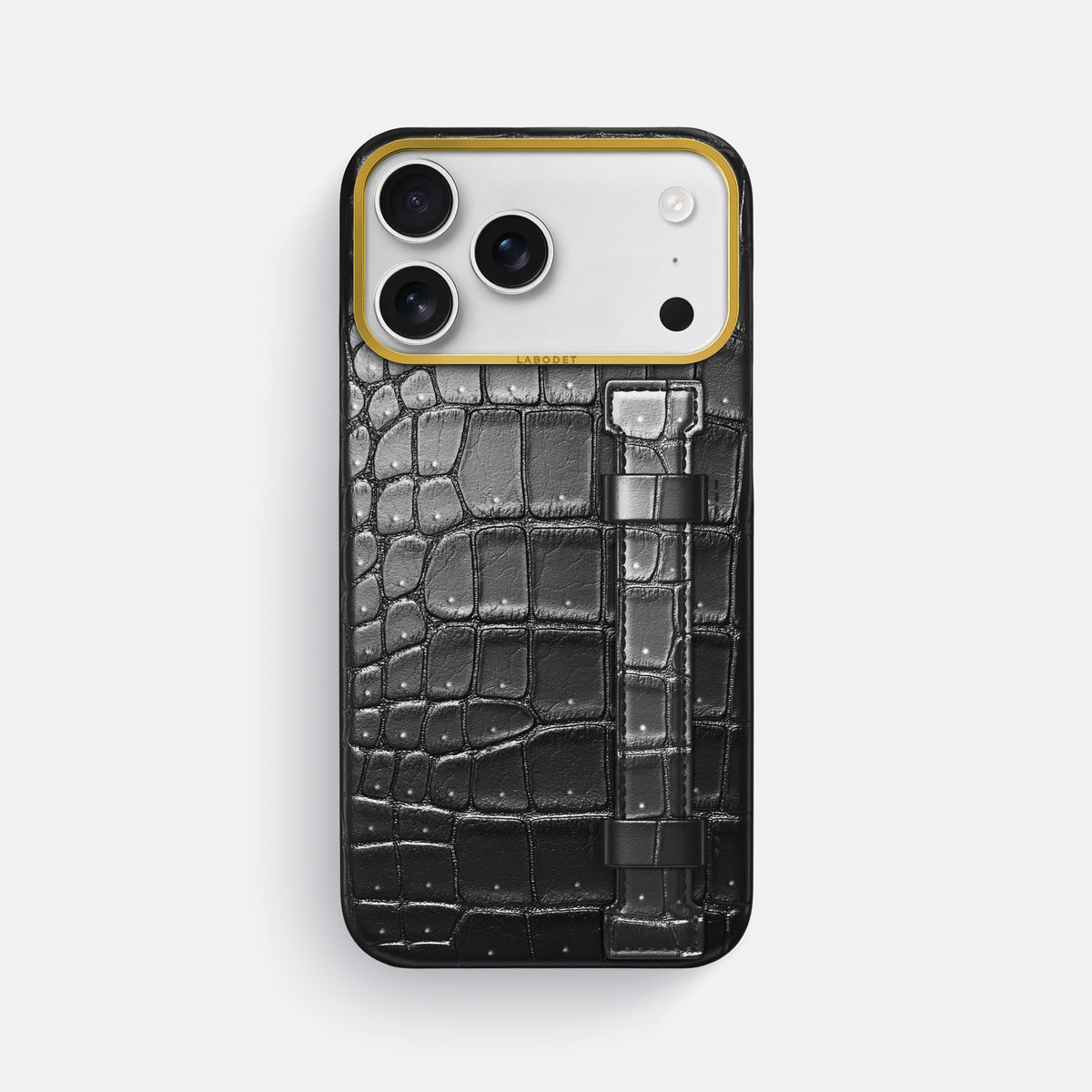 Handle Case For iPhone 17 Pro Max In Porosus Crocodile -1 | Shiny-Black-Gold