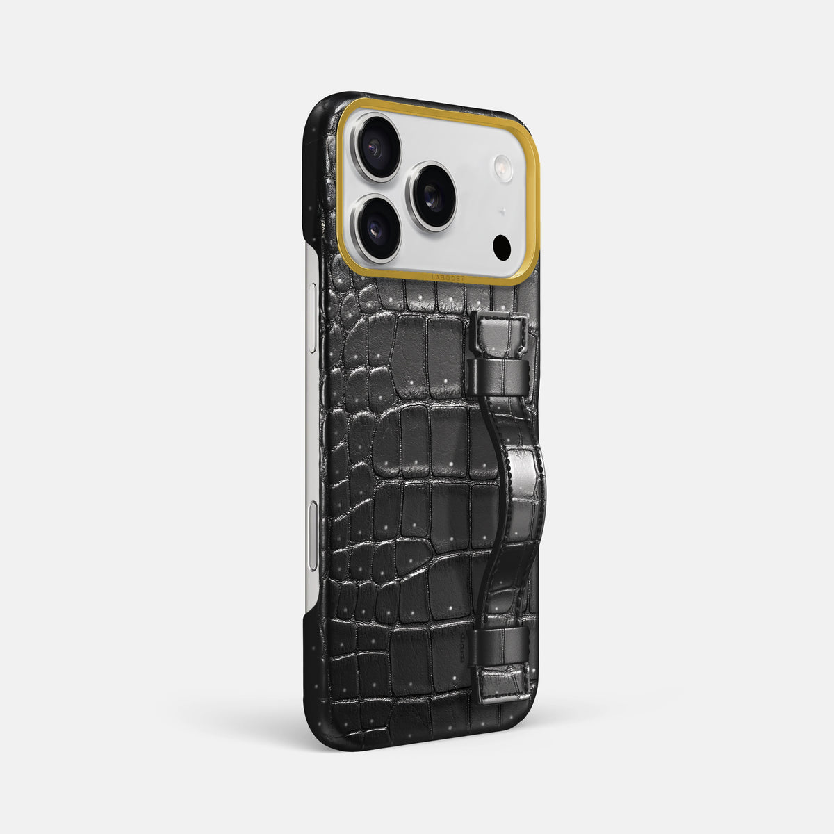 Handle Case For iPhone 17 Pro Max In Porosus Crocodile -2 | Shiny-Black-Gold