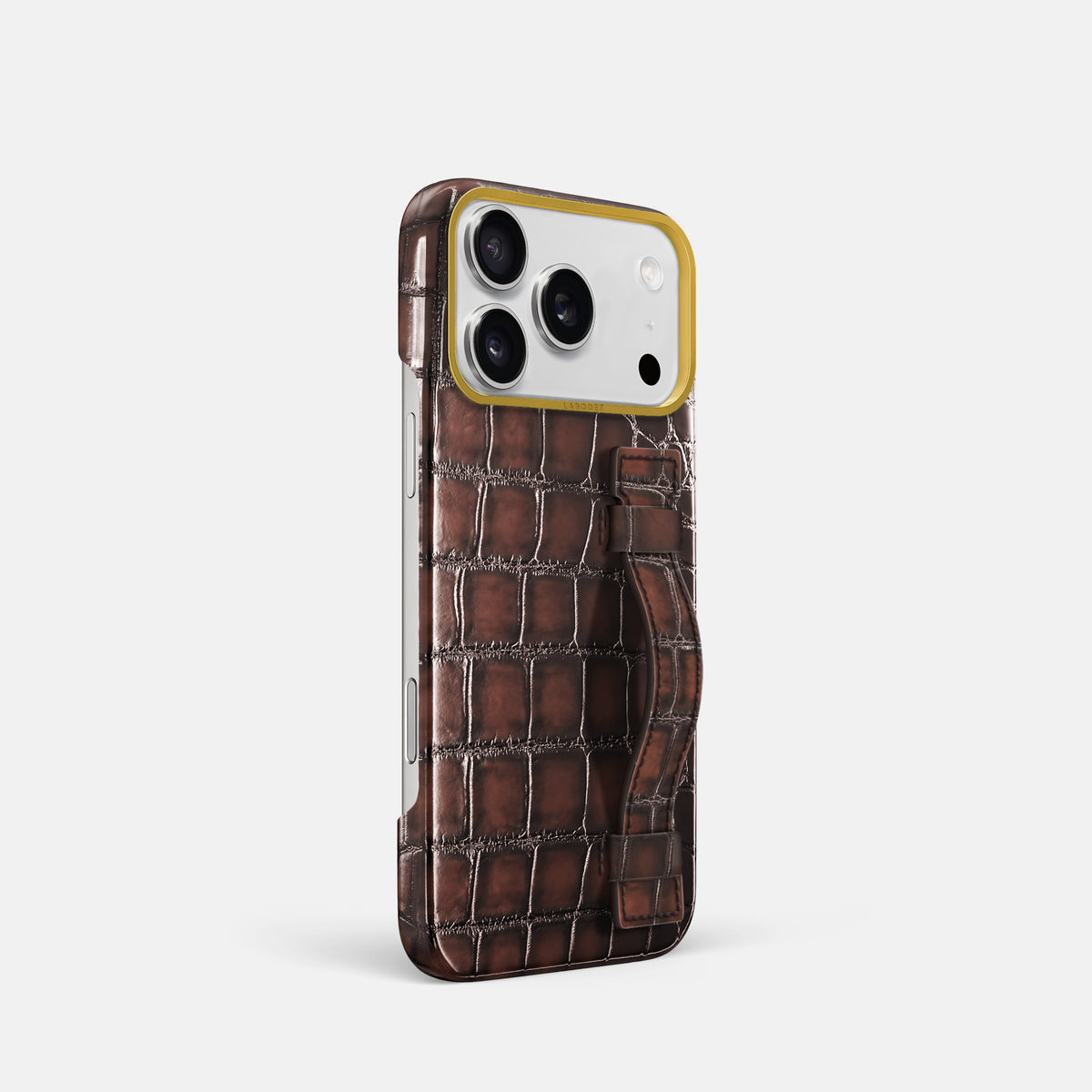 Handle Case For iPhone 17 Pro In Patina Alligator -2 | Havana-Brown-Gold