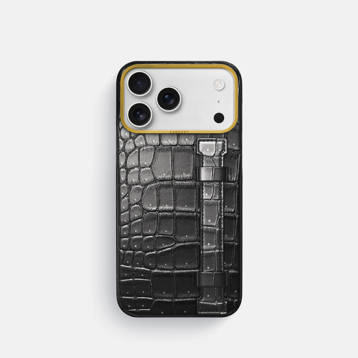 Handle Case For iPhone 17 Pro In Porosus Crocodile -1 | Shiny-Black-Gold