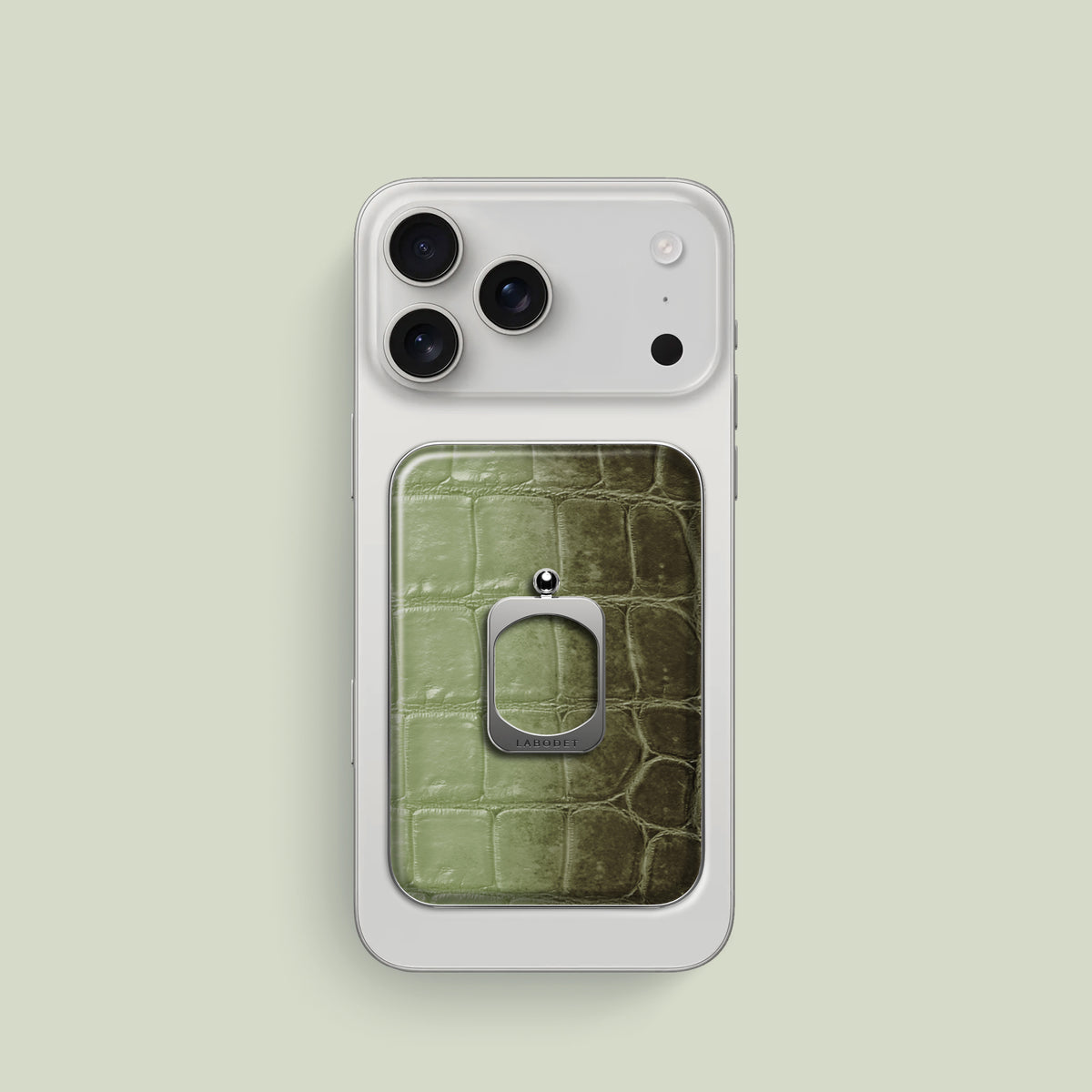 MagSafe Ring Celadon Green For iPhone 17 Pro In Himalayan Crocodile with Steel Metal -1 | Celadon-Green-Steel