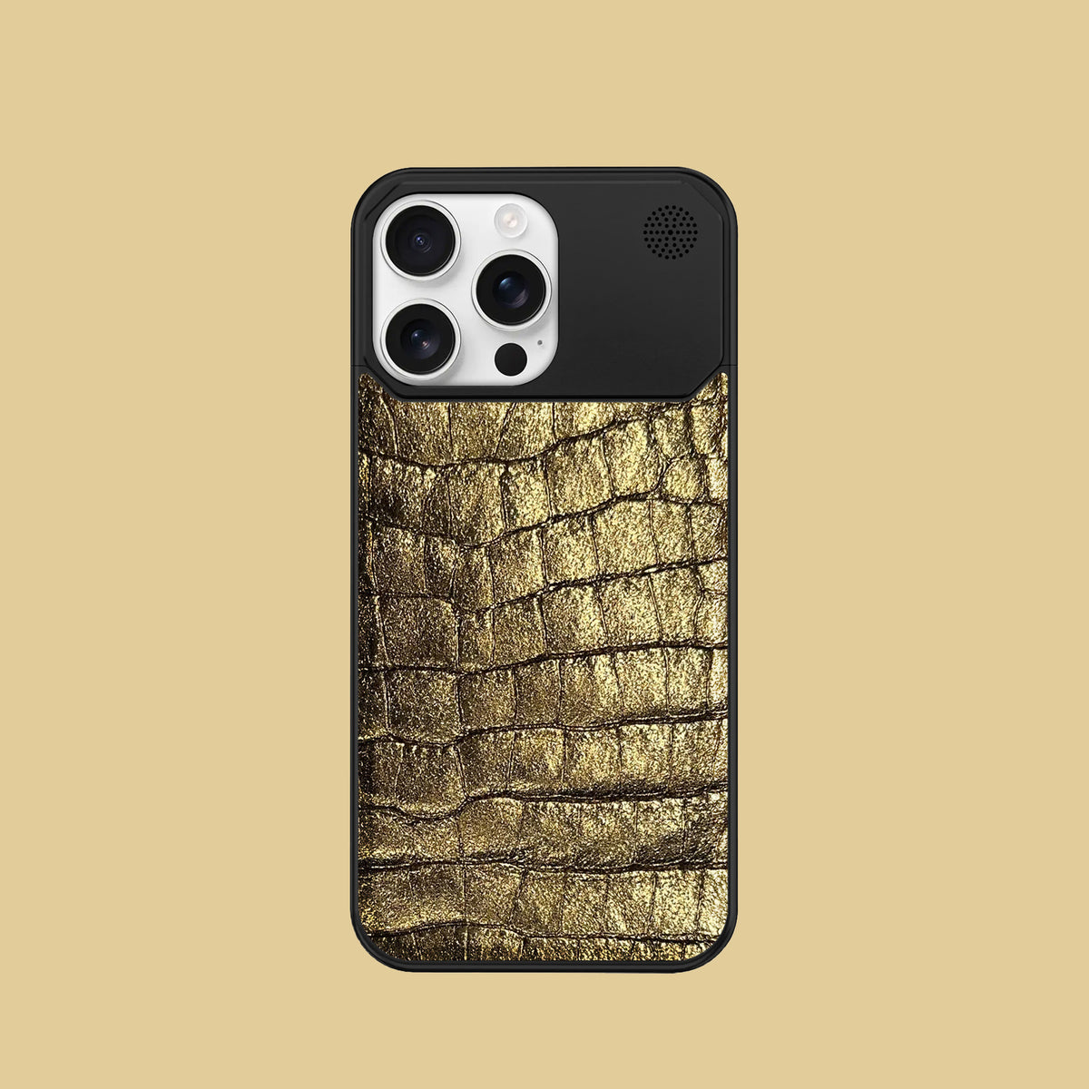Old Gold iPhone 16 Pro Metal Case 1/1 Alligator with Black Metal -1 | Old-Gold-Black