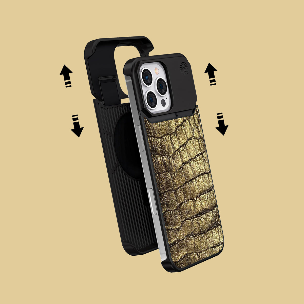 Old Gold iPhone 16 Pro Metal Case 1/1 Alligator with Black Metal -2 | Old-Gold-Black