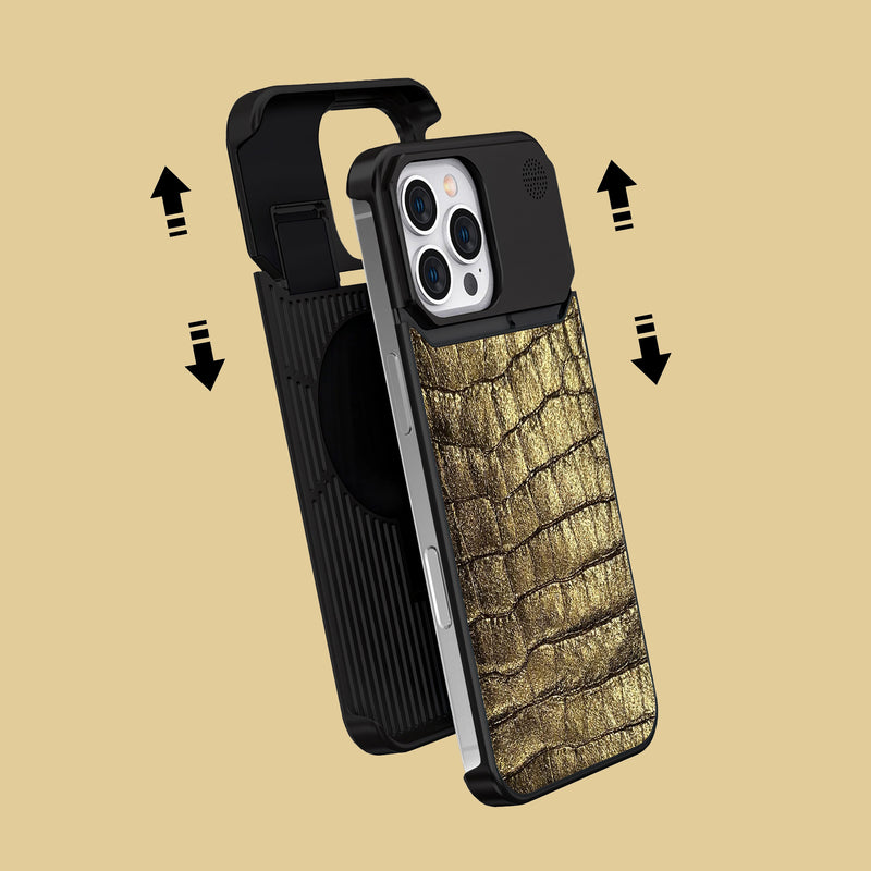 Old Gold iPhone 16 Pro Max Metal Case 1/1 Alligator with Black Metal -2 | Old-Gold-Black