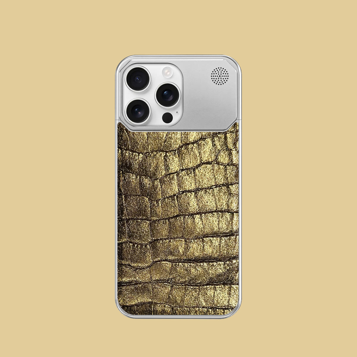 Old Gold iPhone 16 Pro Metal Case 1/1 Alligator with Steel Metal -1 | Old-Gold-Steel