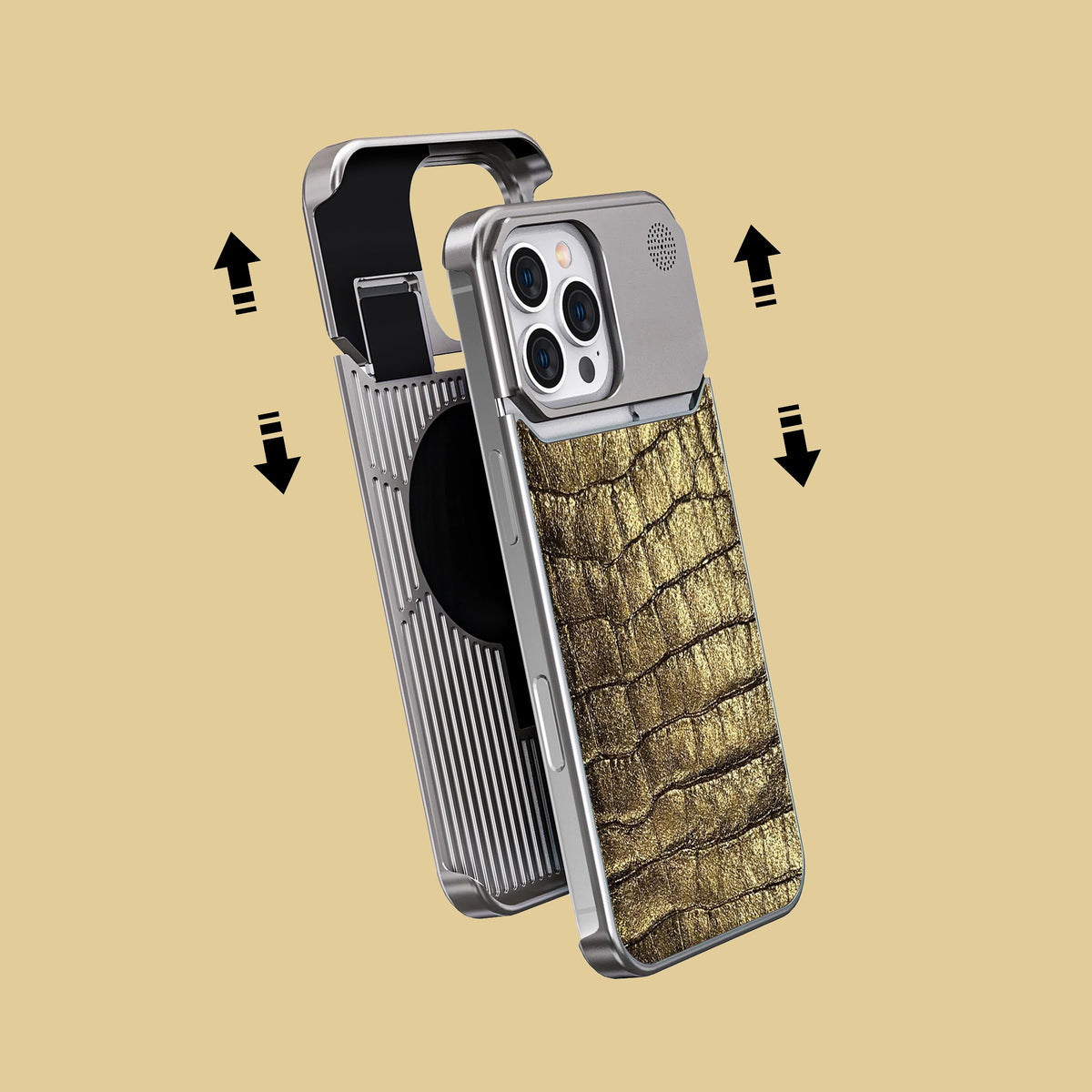 Old Gold iPhone 16 Pro Metal Case 1/1 Alligator with Steel Metal -2 | Old-Gold-Steel