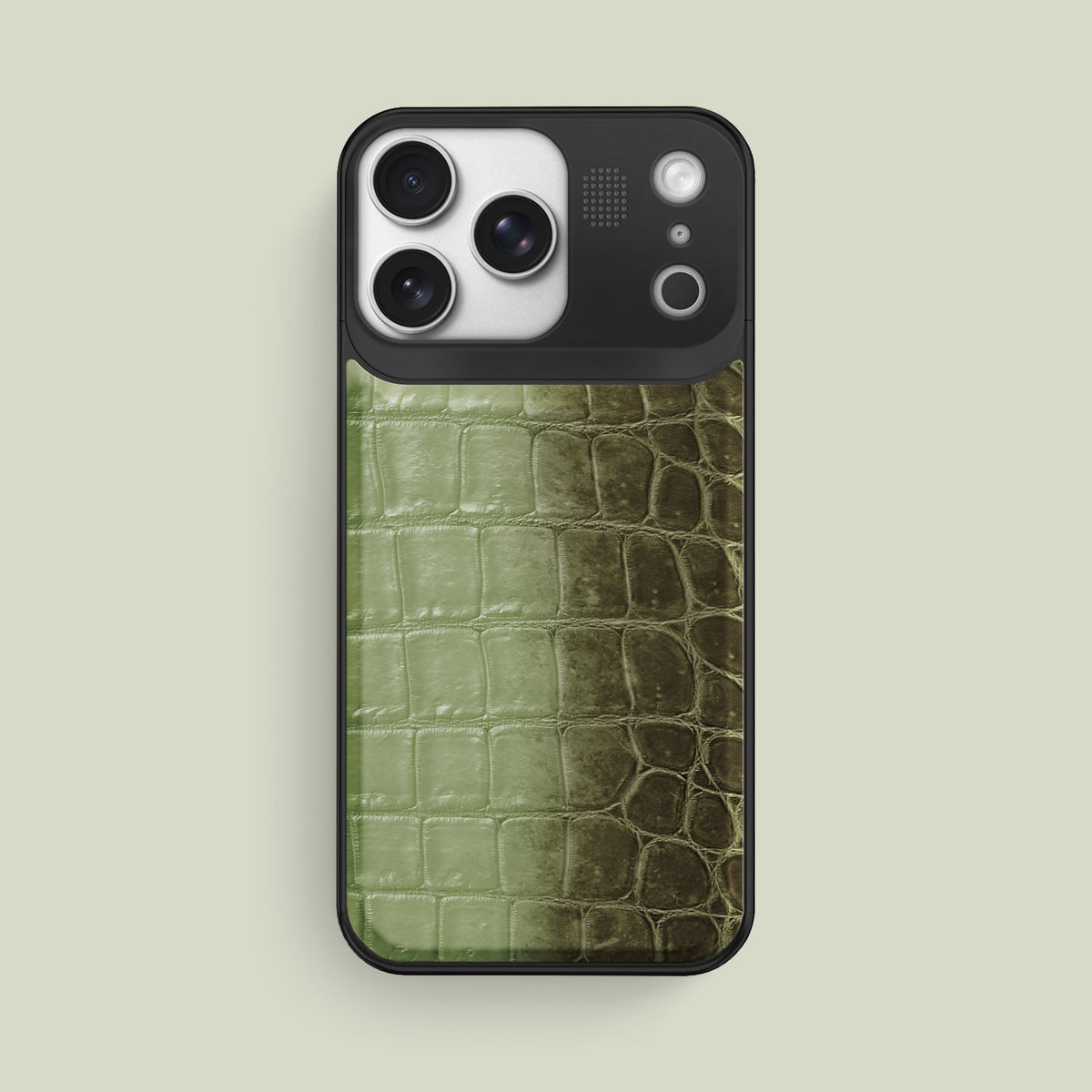 Celadon Green iPhone 17 Pro Max Metal Case Himalayan Crocodile with Black Metal -1 | Celadon-Green-Black
