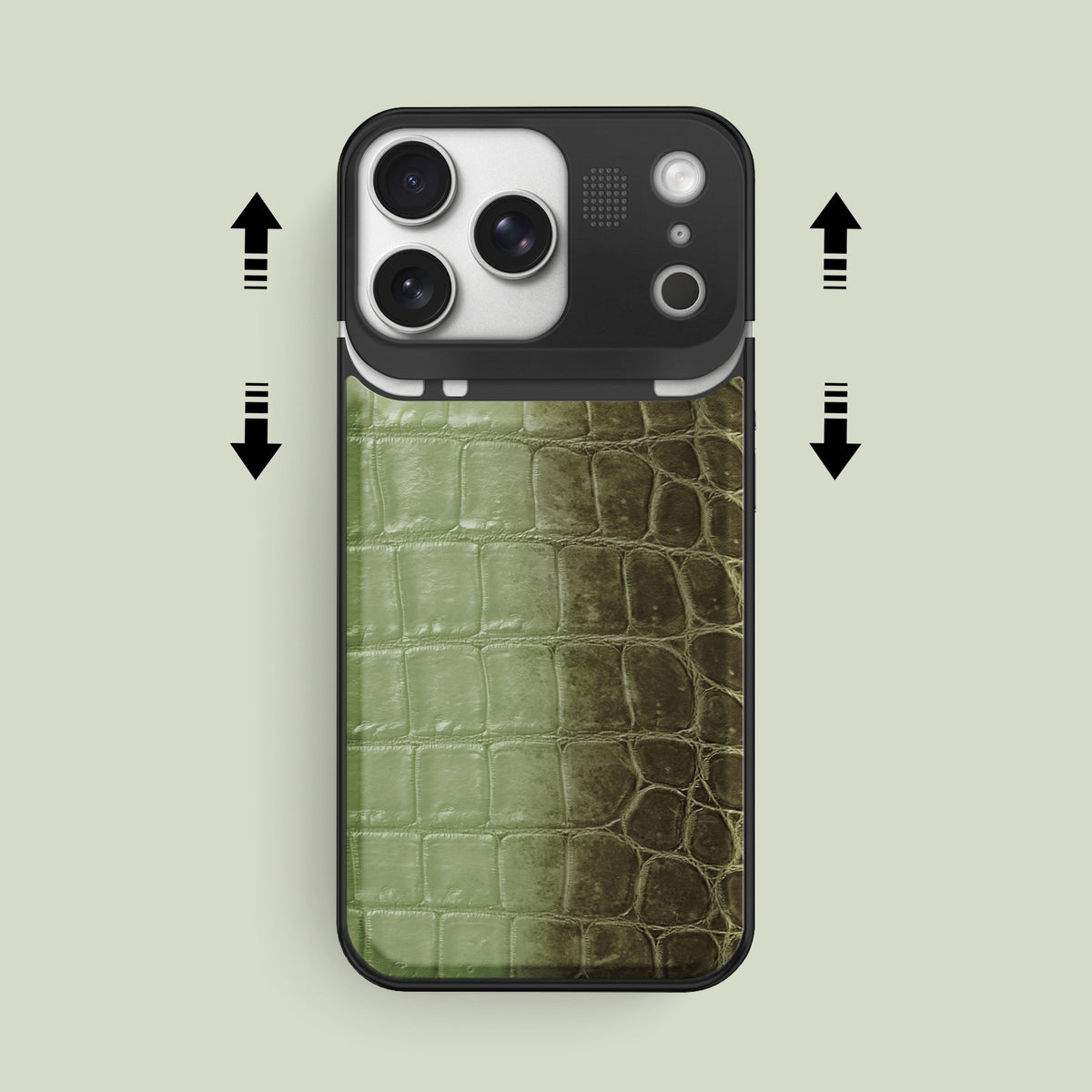 Celadon Green iPhone 17 Pro Max Metal Case Himalayan Crocodile with Black Metal -2 | Celadon-Green-Black