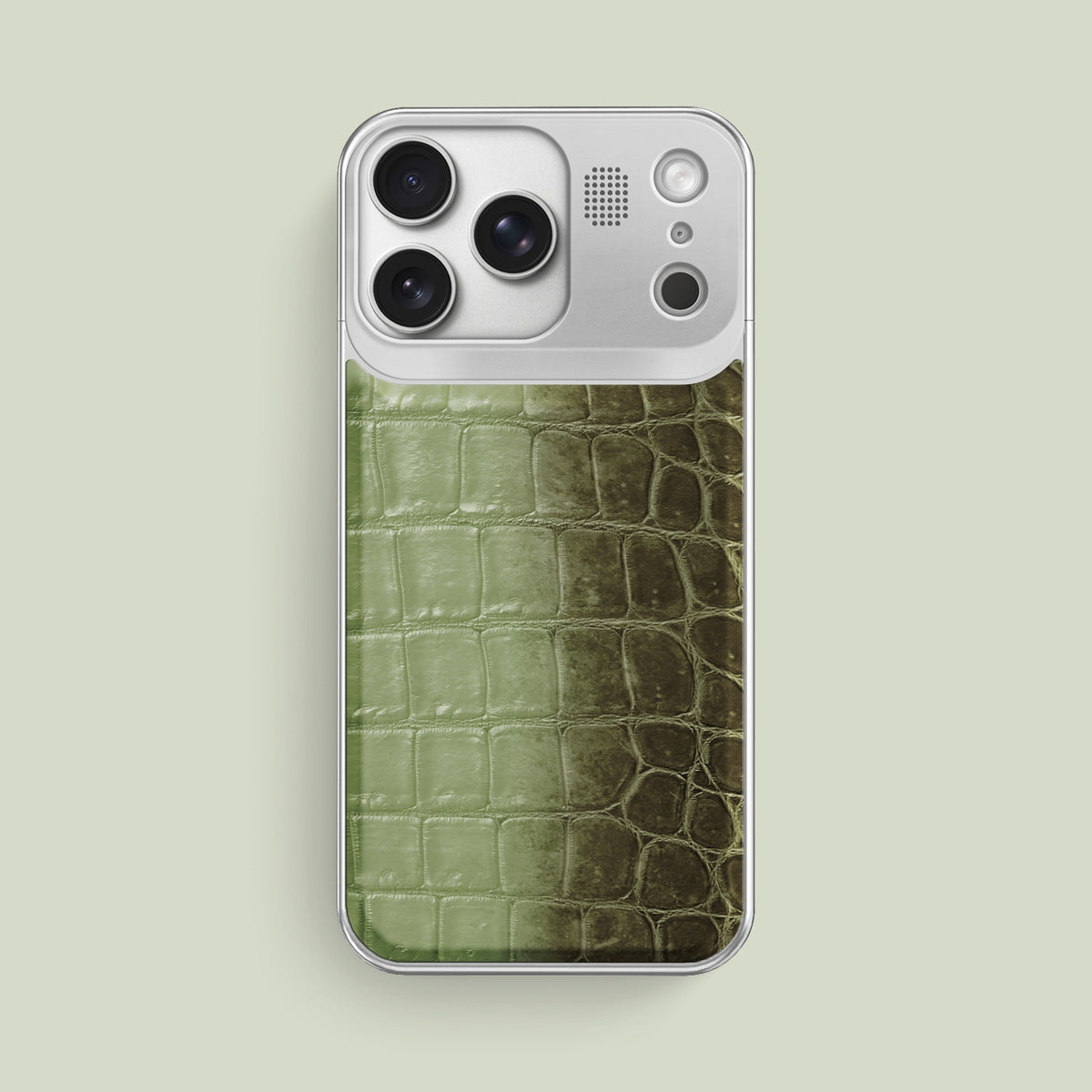 Celadon Green iPhone 17 Pro Max Metal Case Himalayan Crocodile with Steel Metal -1 | Celadon-Green-Steel