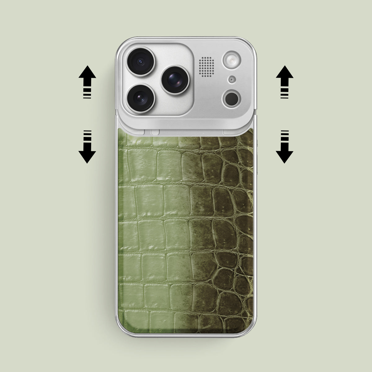 Celadon Green iPhone 17 Pro Max Metal Case Himalayan Crocodile with Steel Metal -2 | Celadon-Green-Steel