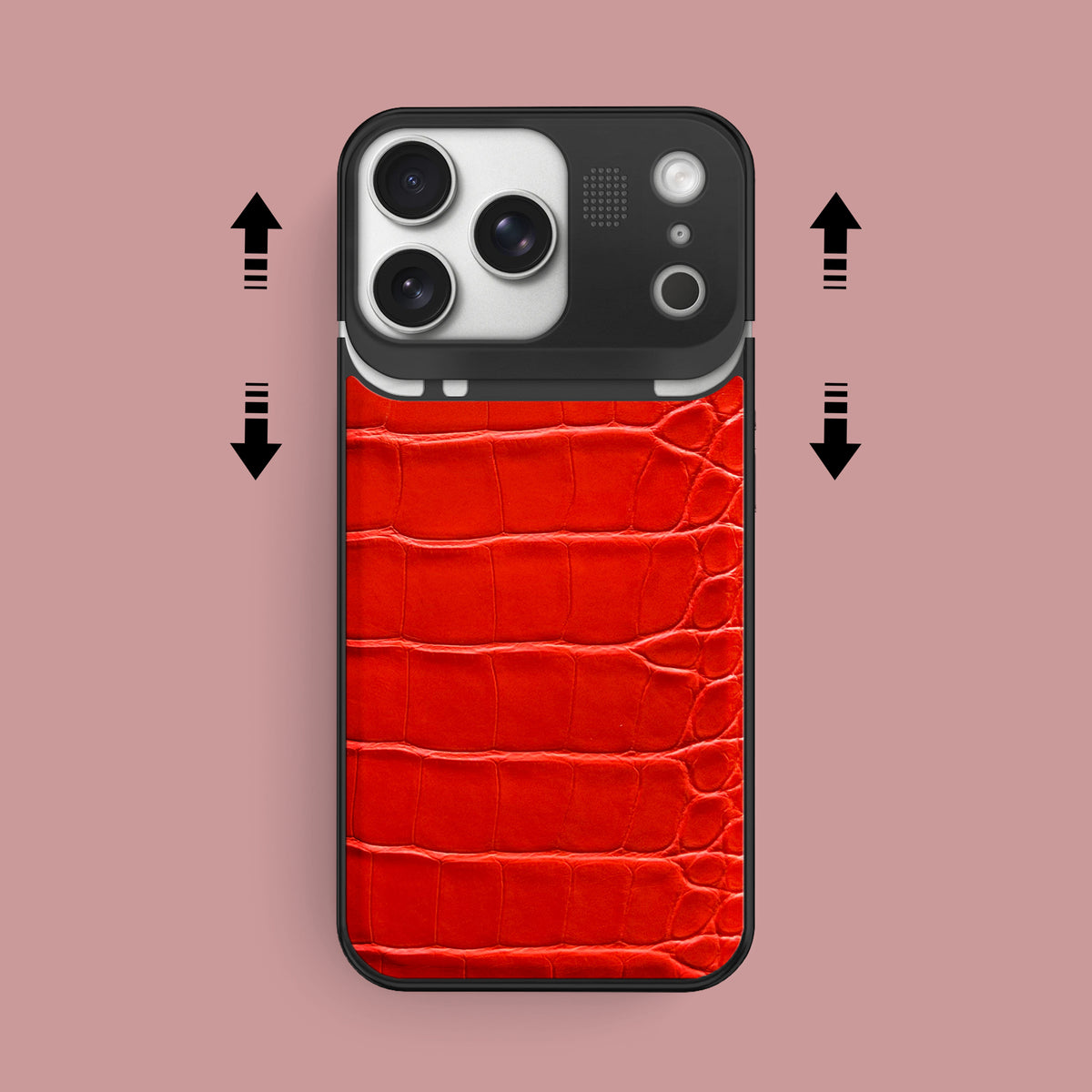 iPhone 17 Pro Max Metal Case  Deep Coral Alligator with Black Metal -2 | Deep-Coral-Black