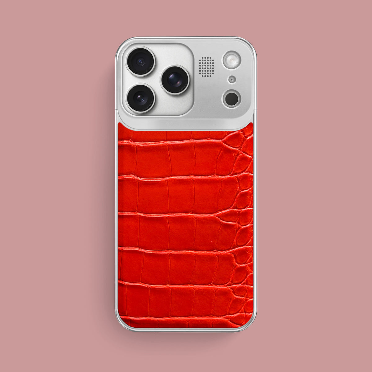iPhone 17 Pro Max Metal Case  Deep Coral Alligator with Steel Metal -1 | Deep-Coral-Steel