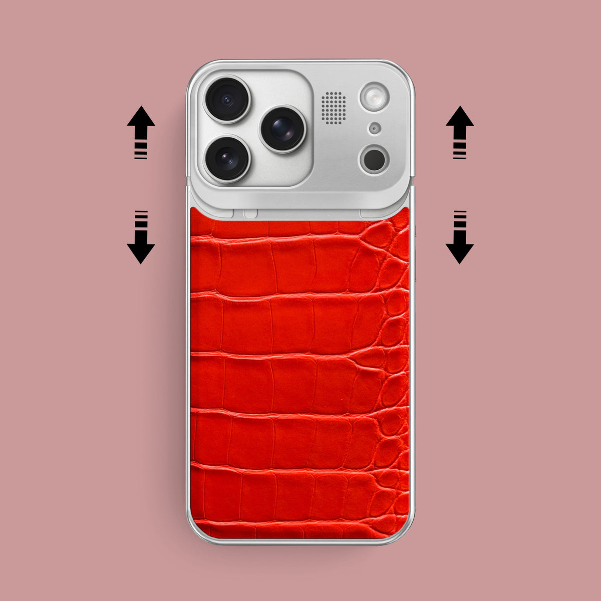 iPhone 17 Pro Max Metal Case  Deep Coral Alligator with Steel Metal -2 | Deep-Coral-Steel