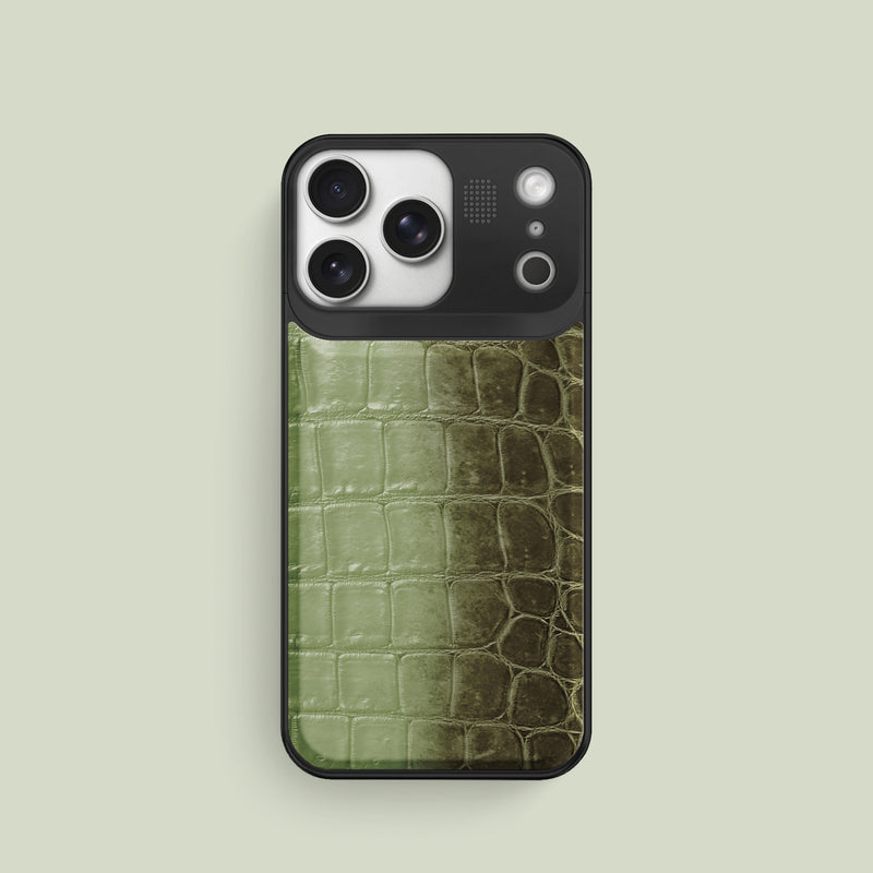 Celadon Green iPhone 17 Pro Metal Case Himalayan Crocodile with Black Metal -1 | Celadon-Green-Black