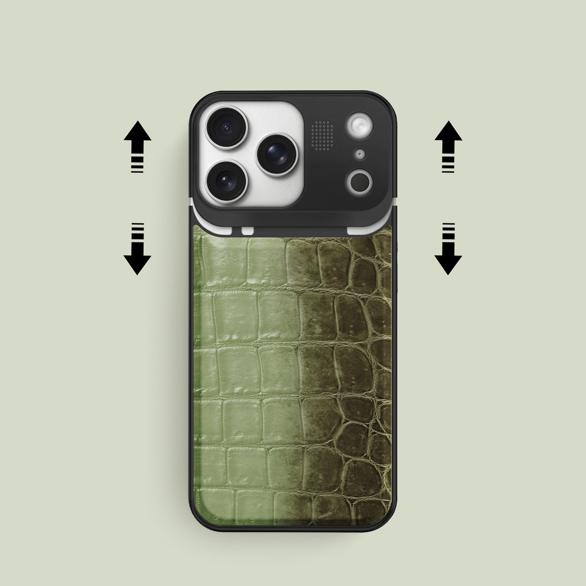Celadon Green iPhone 17 Pro Metal Case Himalayan Crocodile with Black Metal -2 | Celadon-Green-Black