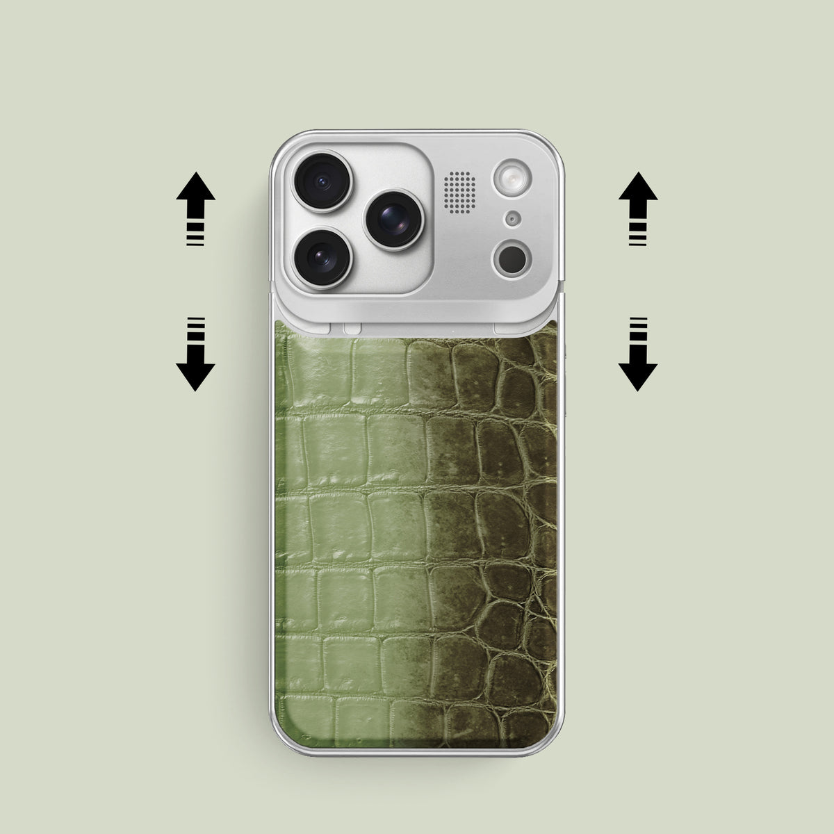 Celadon Green iPhone 17 Pro Metal Case Himalayan Crocodile with Steel Metal -2 | Celadon-Green-Steel