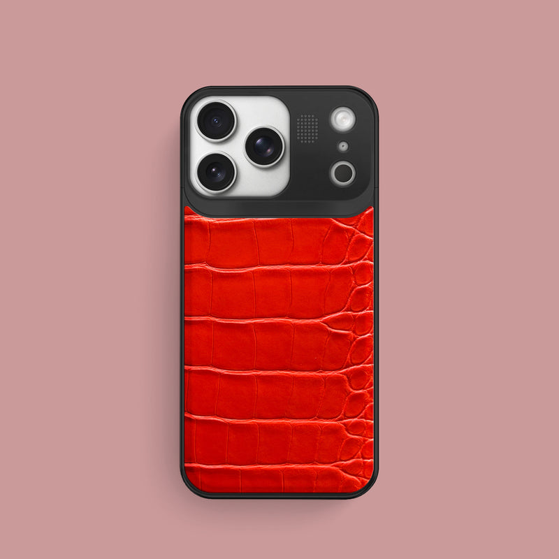 iPhone 17 Pro Metal Case  Deep Coral Alligator with Black Metal -1 | Deep-Coral-Black