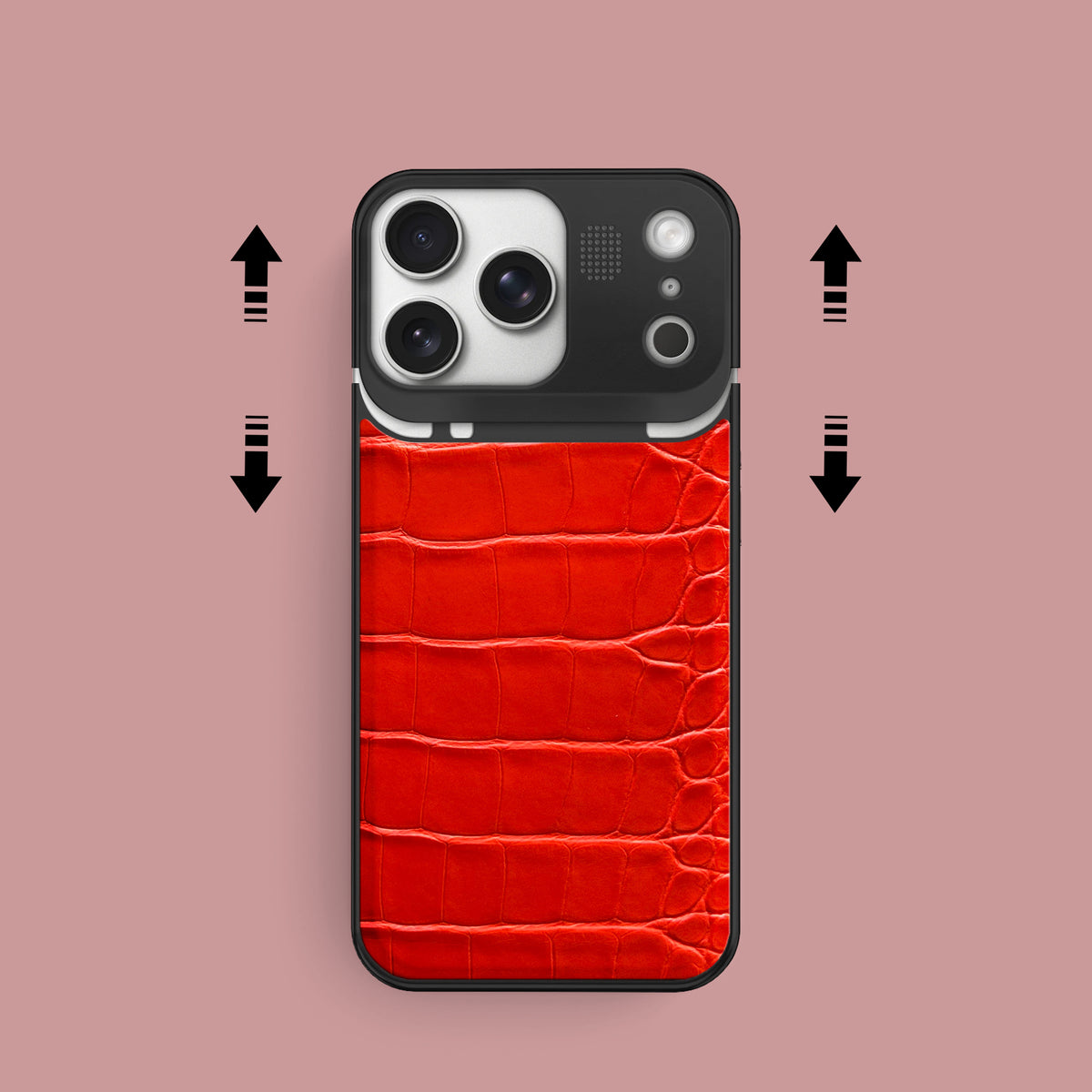 iPhone 17 Pro Metal Case  Deep Coral Alligator with Black Metal -2 | Deep-Coral-Black