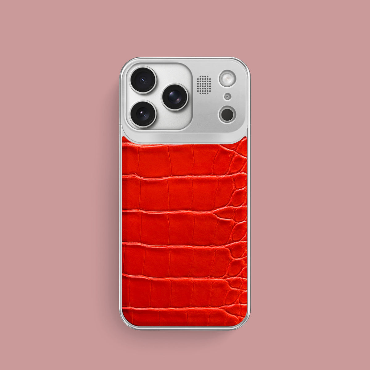 iPhone 17 Pro Metal Case  Deep Coral Alligator with Steel Metal -1 | Deep-Coral-Steel
