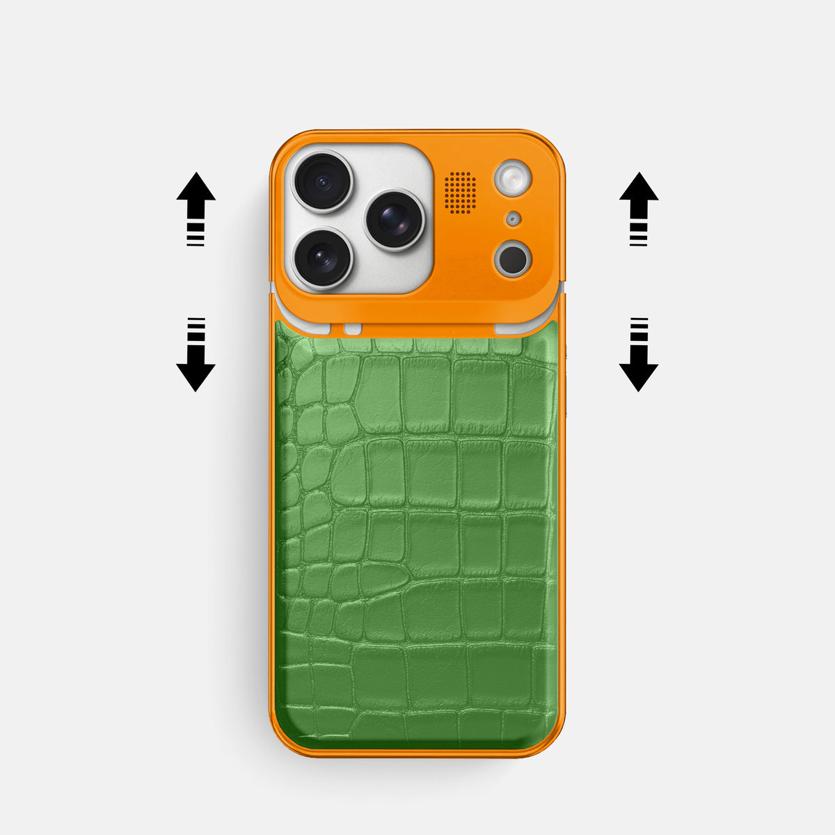 Apple-Green iPhone 17 Pro Metal Case In Alligator with Orange Metal -2 | Apple-Green-Orange